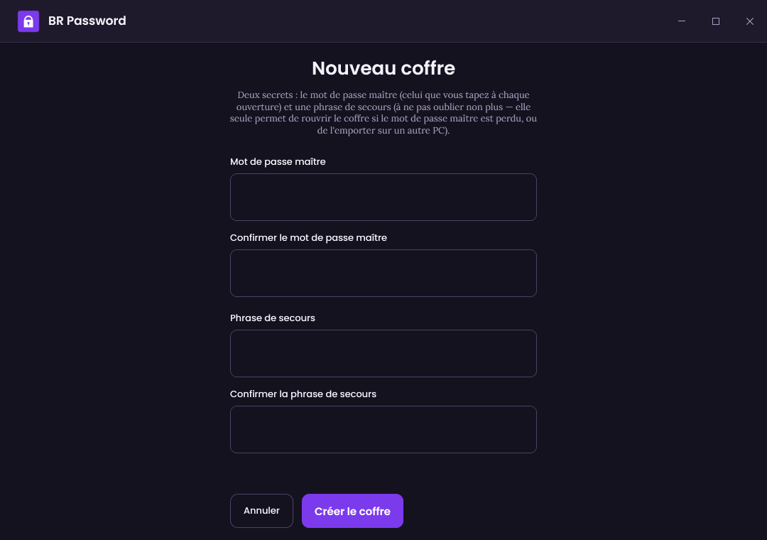 Écran de création d'un coffre : mot de passe maître et phrase de secours.